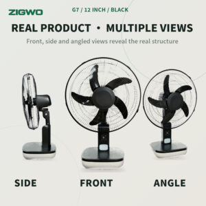 Black G7 12 inch solar rechargeable desk fan - ZIGWO