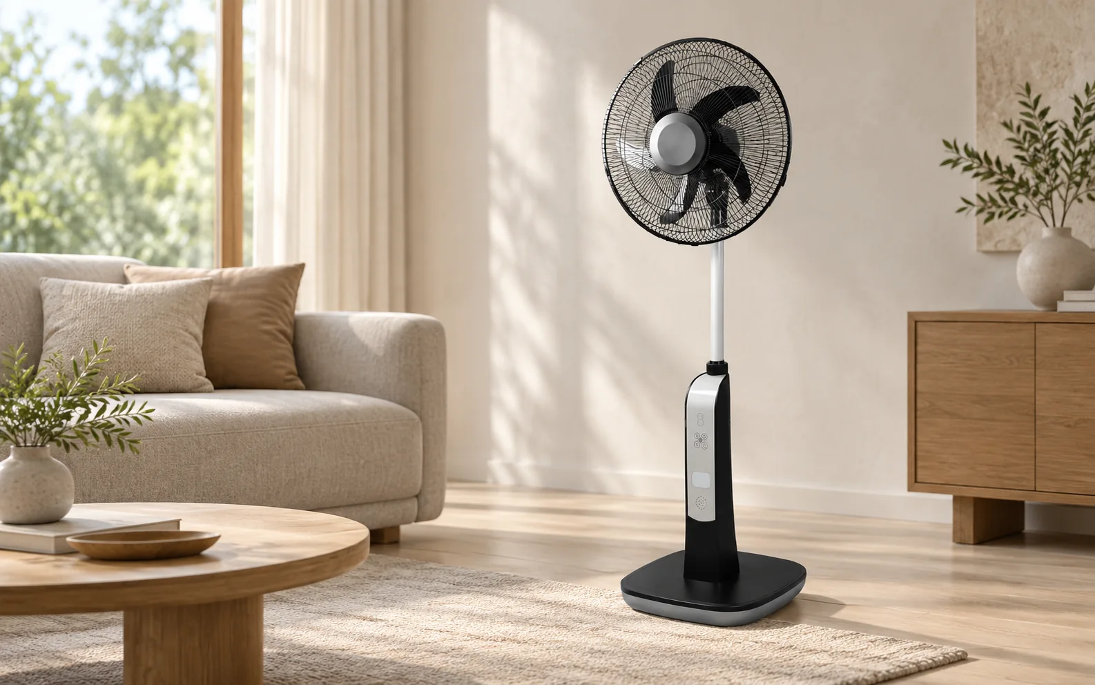Black G8 solar rechargeable standing fan in a modern residential living room
