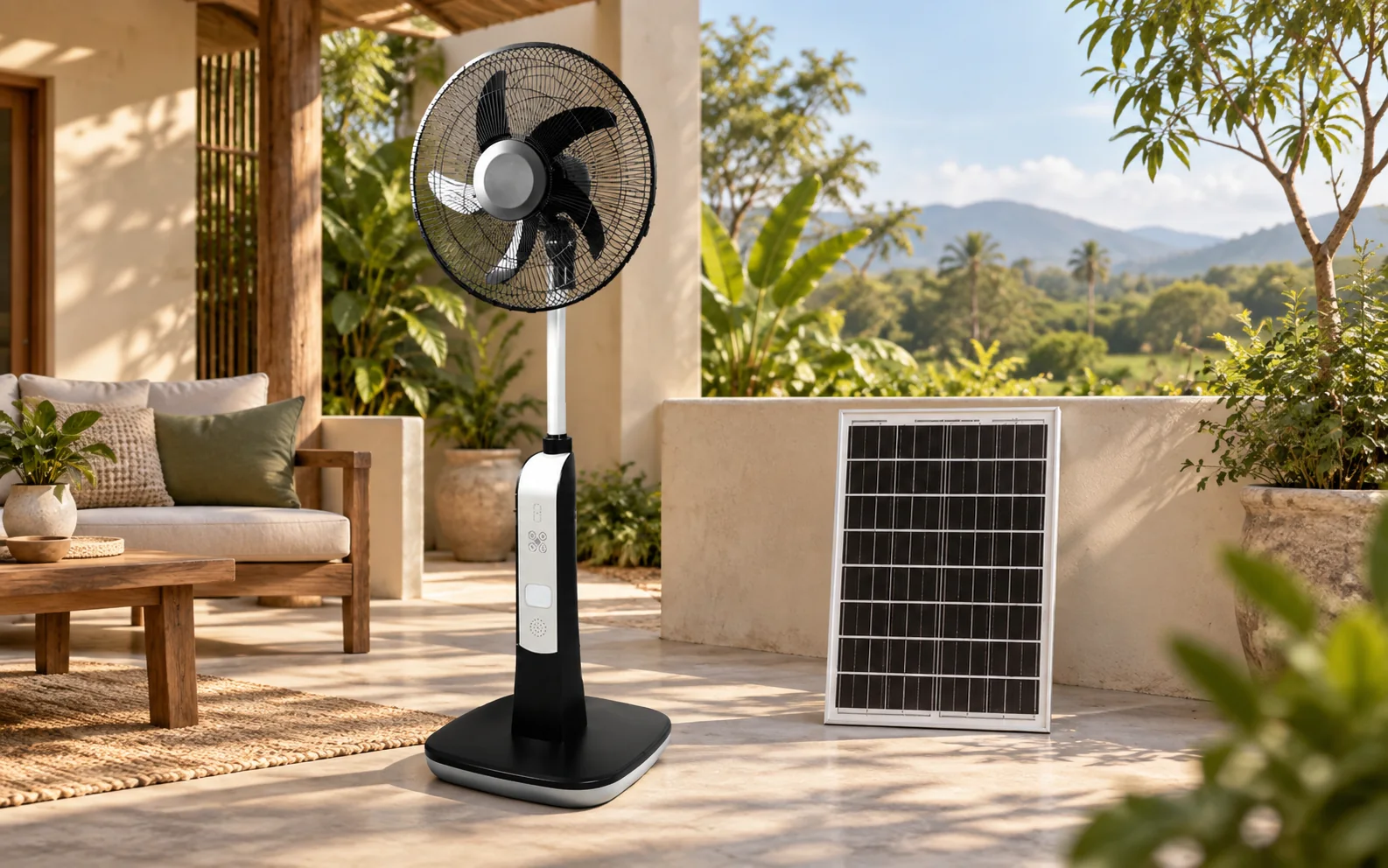 Black G8 solar rechargeable standing fan with solar panel in an off-grid outdoor living space