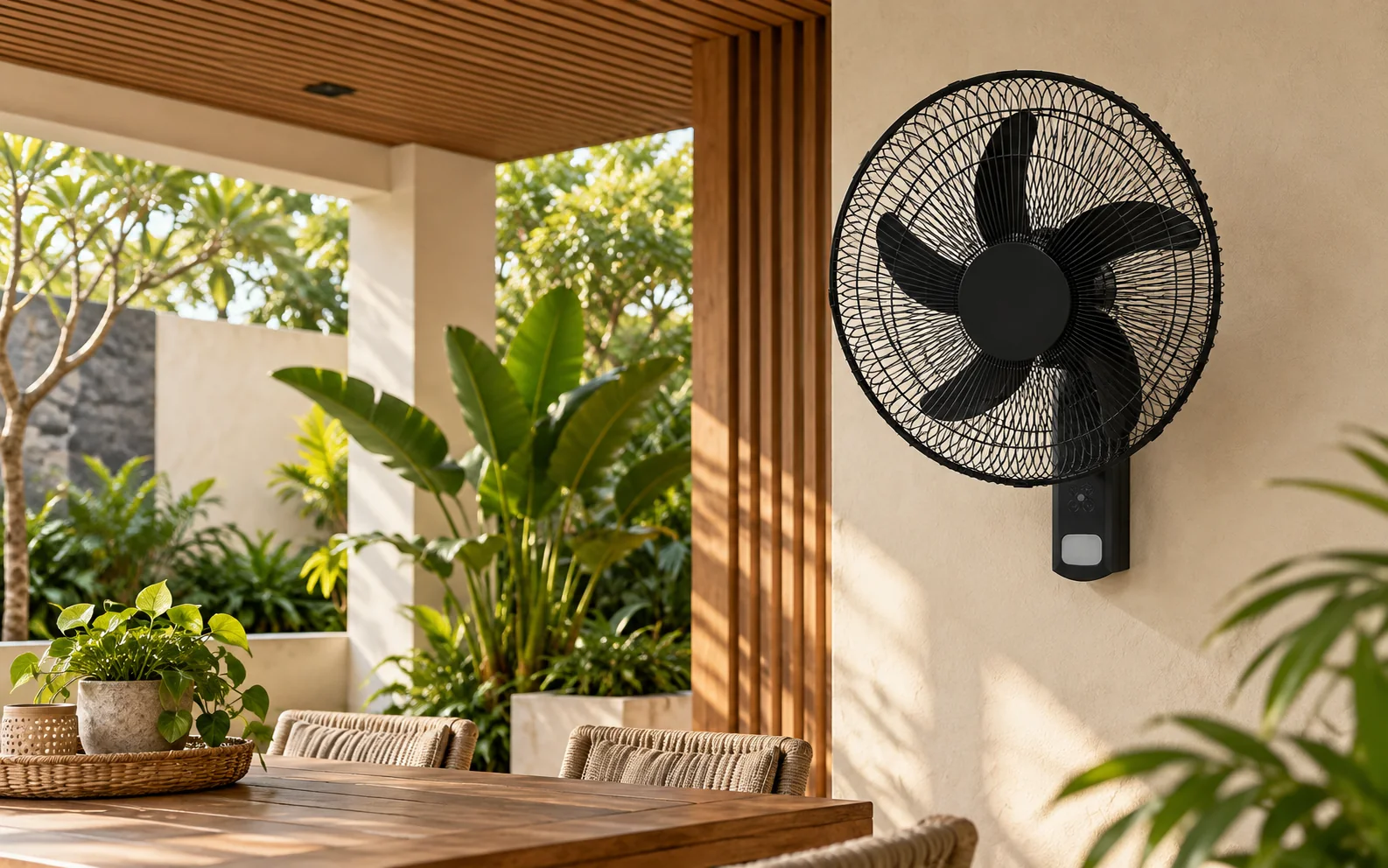 Black G6 solar rechargeable wall fan in a tropical semi-outdoor terrace