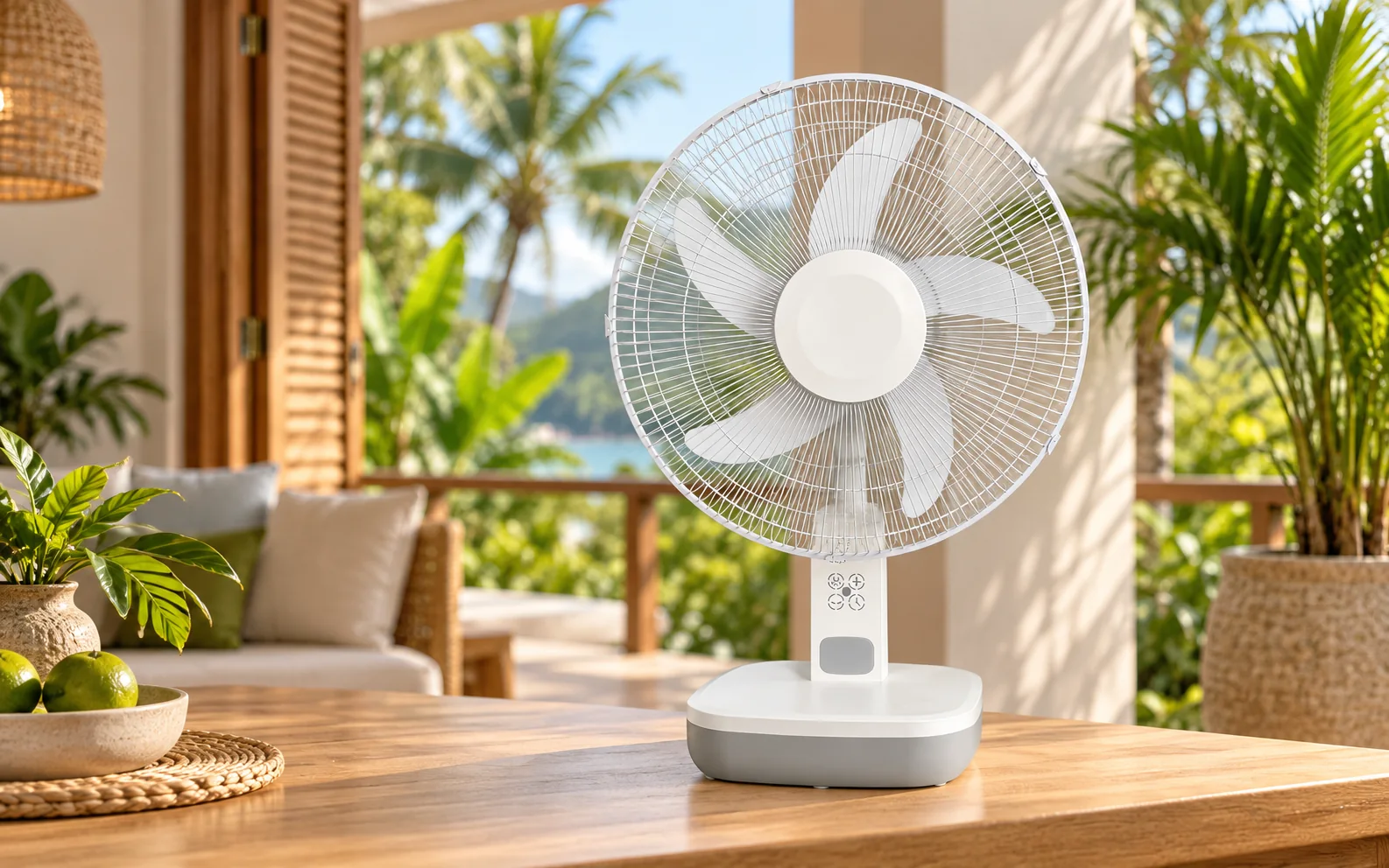 White G7 solar rechargeable desk fan in a warm-climate residential setting